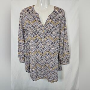 Grand & Greene XL Boho Geometric Print Button Front Rayon Blouse